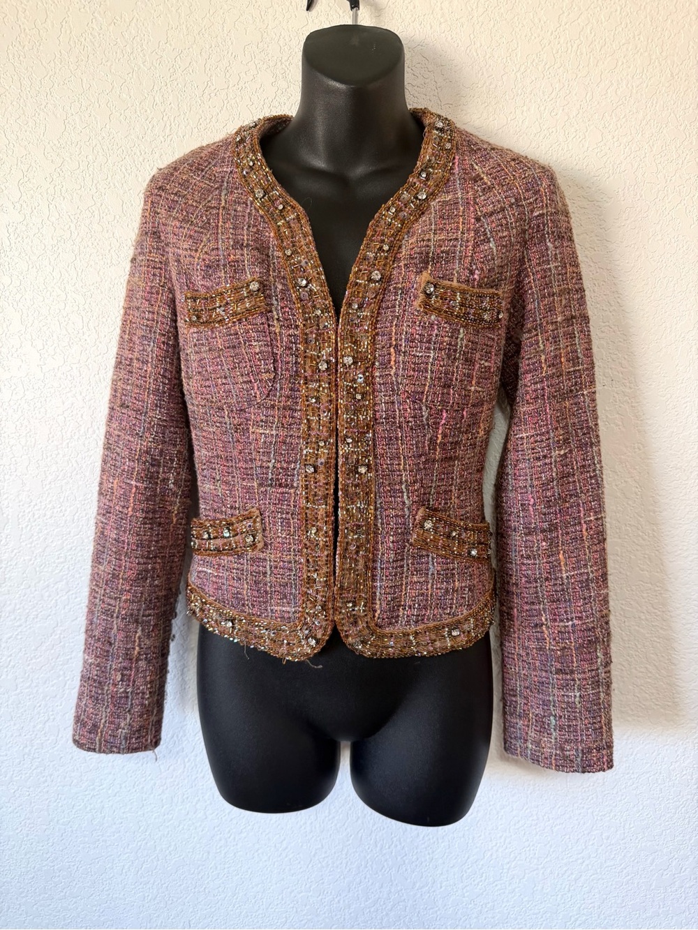 Preppy Designer Tracy Reese Embellished Wool & Silk Tweed Jacket ✨